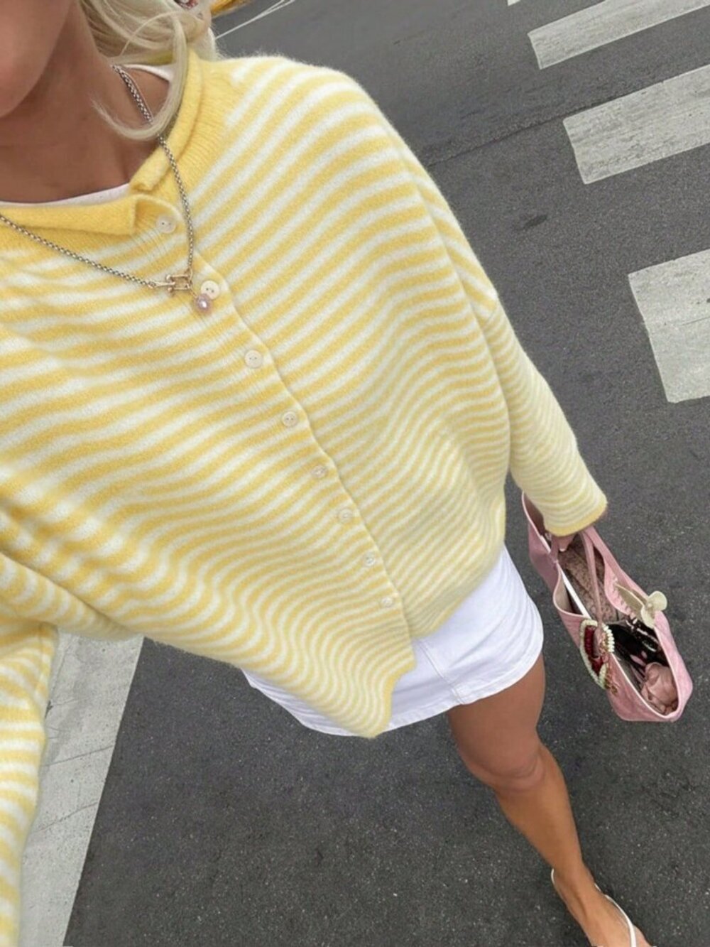 Yellow Streetwear Casual Loose Striped button down Knit Women's Cardigan